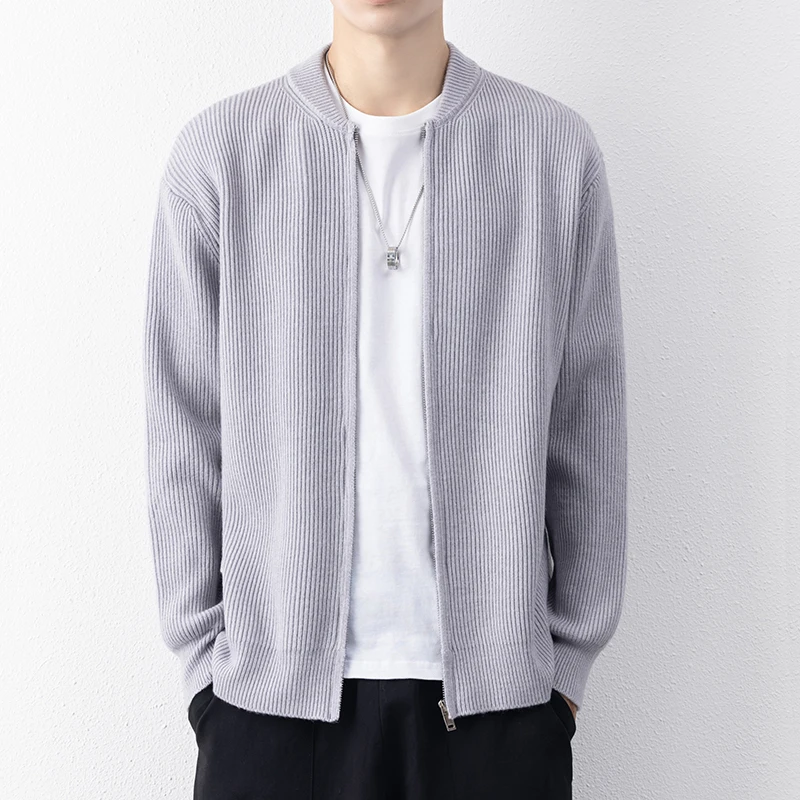 秋季新款休闲男装毛衣针织开衫外套棒球服领简约时尚修身显瘦夹克