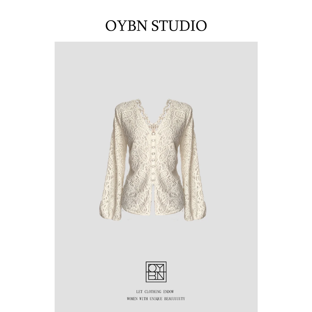 OYBN欧阳贝妮【清风】微胖大码法式V领蕾丝钩花打底衫上衣1314