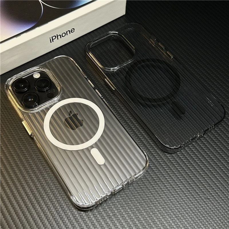适用苹果15pro手机壳光栅iPhone14PC硬壳瓦楞磁吸冰川透明13保护