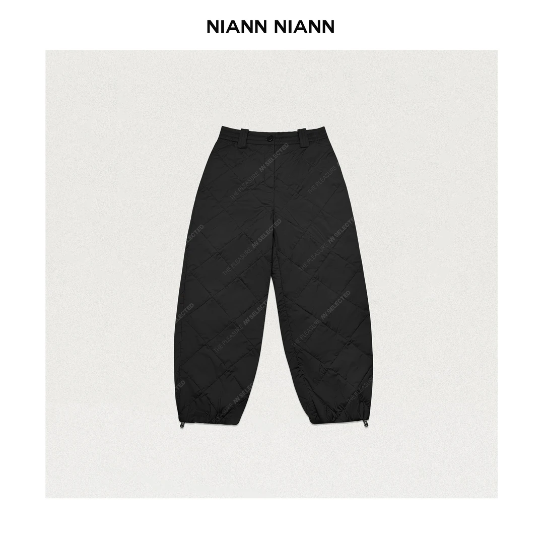 NiannNiann 冬款质感女装简约通勤宽松保暖网格抽绳棉裤14828