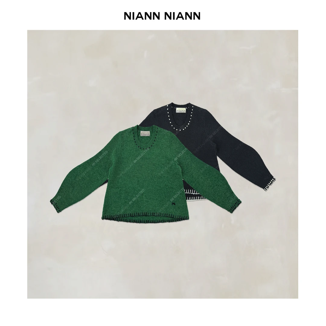 NiannNiann 2024冬新品女装法式手工绣花不规则毛衣14419