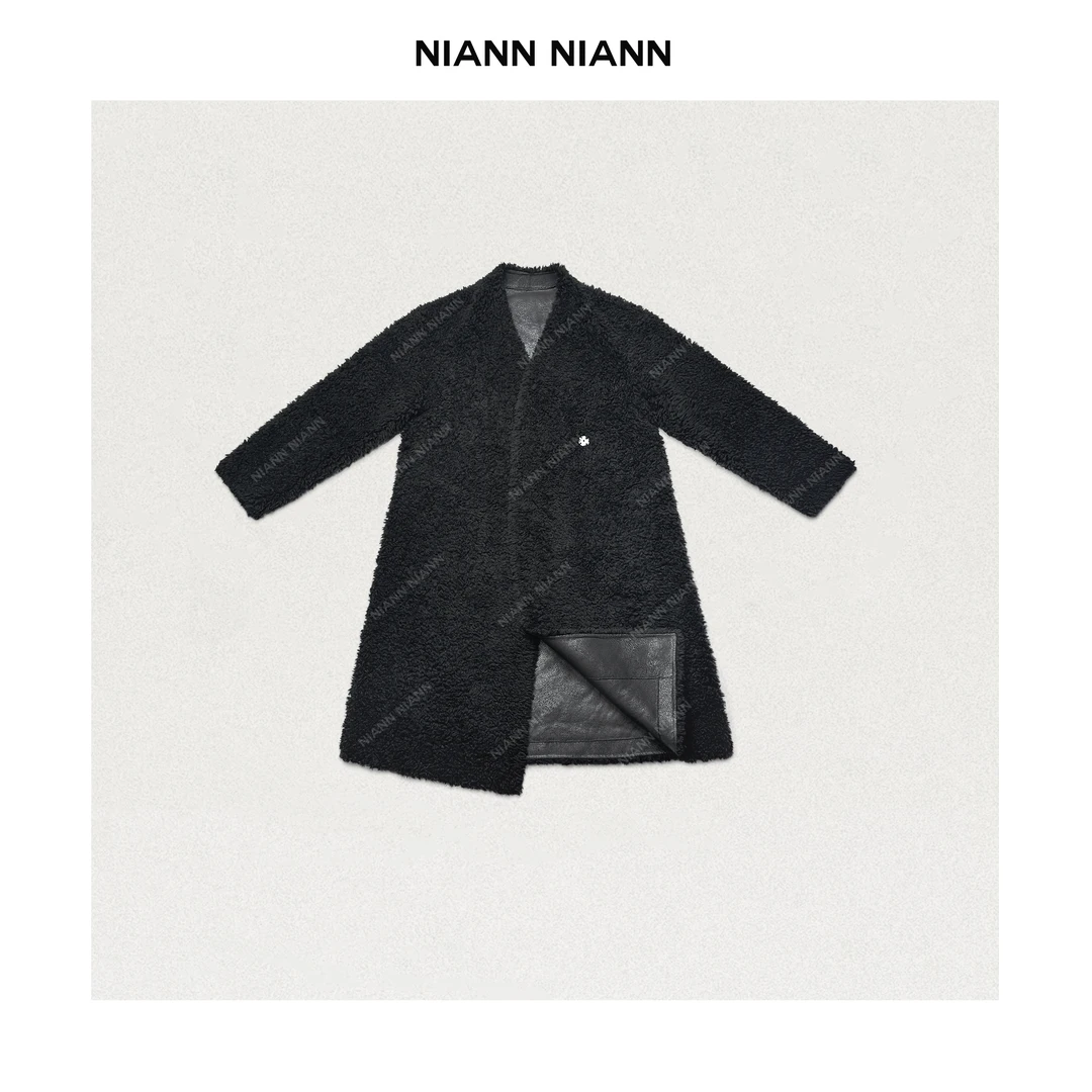 NiannNiann2024冬女装慵懒宽松长款无领单扣绵羊毛大衣外套14864