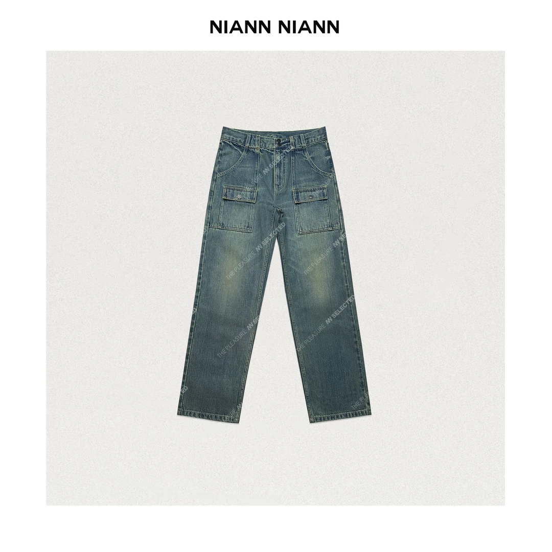 NiannNiann 2024新品女装美式复古双口袋做旧工装直筒牛仔裤14814