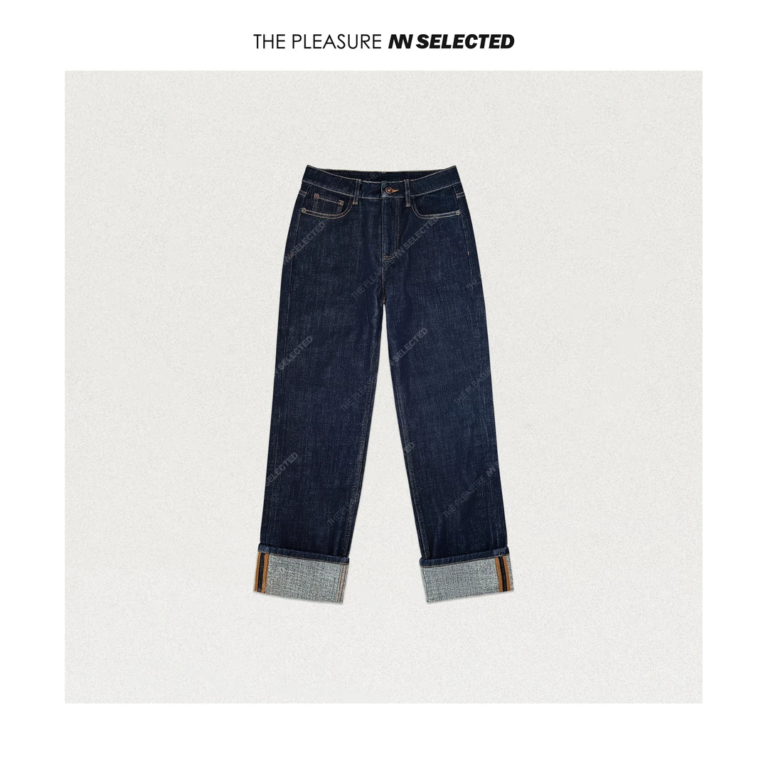 NiannNiann 新品时尚深蓝色抓绒翻边显瘦小直筒牛仔裤14766