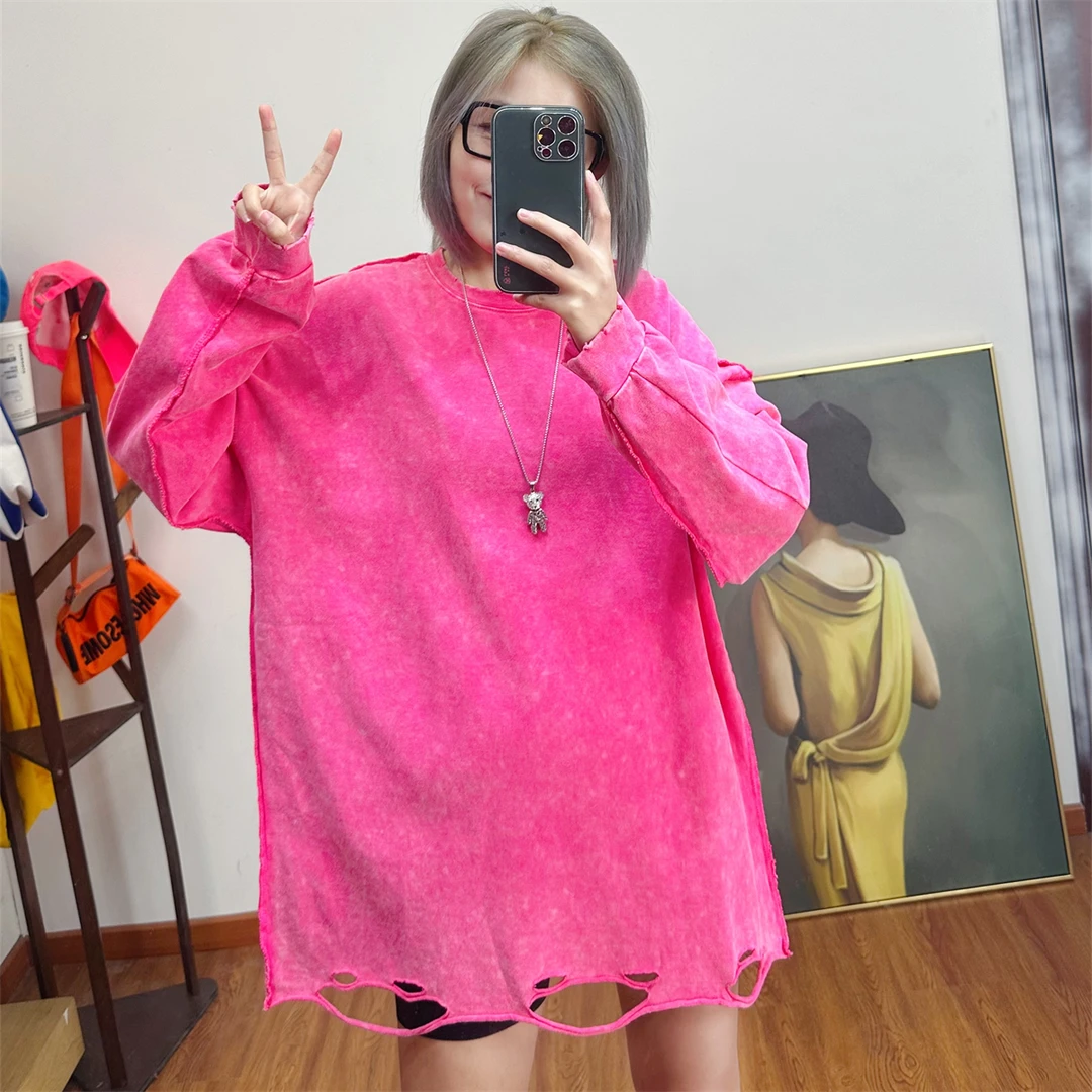 欧洲站秋冬女装打底衫宽松韩版bf慵懒风超火T恤女圆领ins扎染上衣