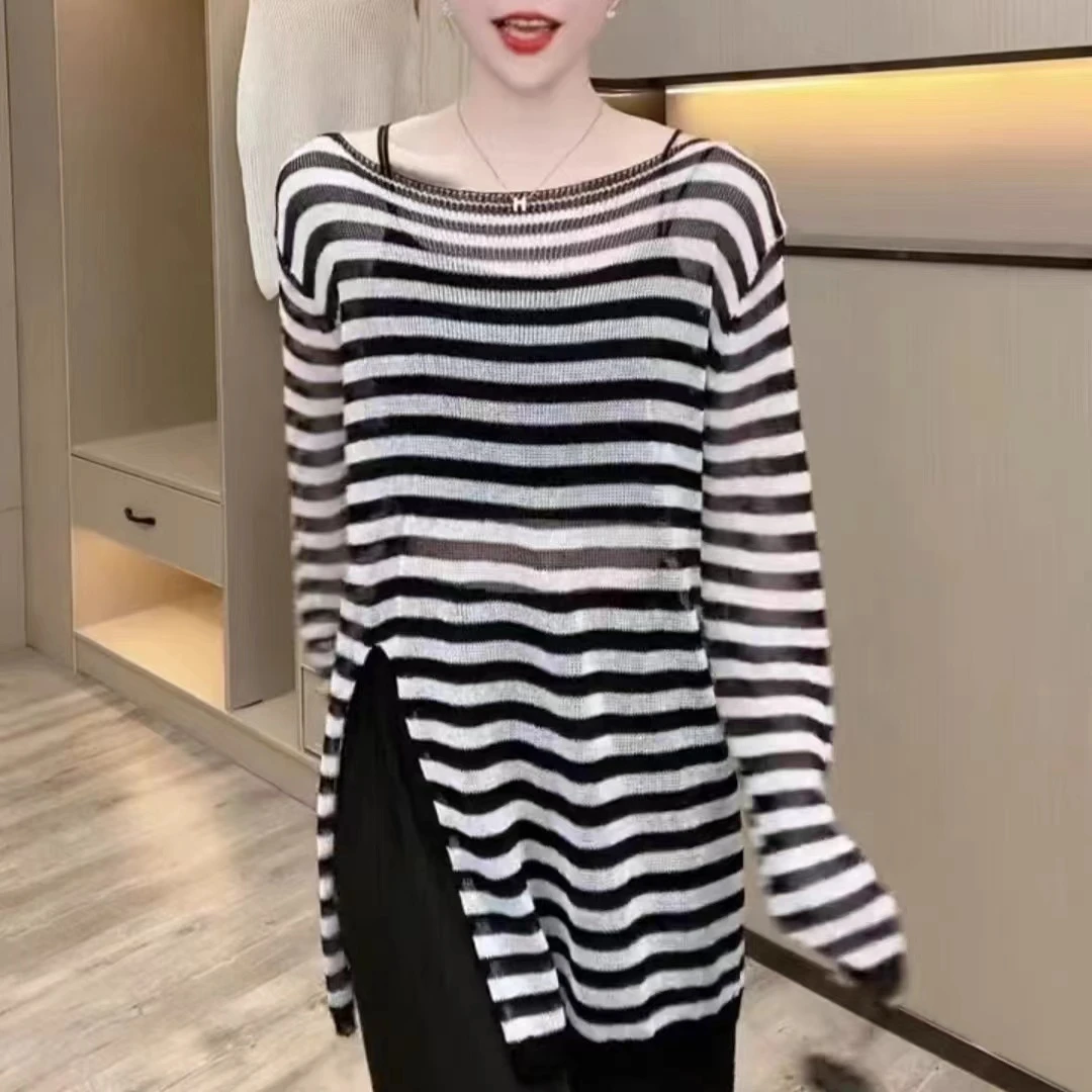 韩国网纱一字领斜露肩宽松中长开叉防晒罩衫镂空针织衫+背心吊带