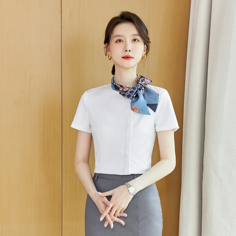 前台工作装女夏季短袖系带职业衬衫餐饮服务员美容院养生馆工作服