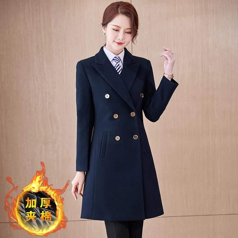 中长款夹棉加厚毛呢大衣西装外套女秋冬季职业酒店前台接待工作服