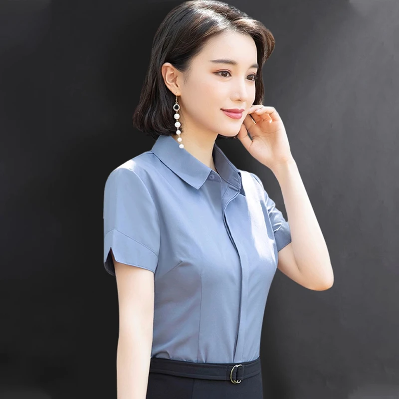 职业衬衫女夏季薄款短袖气质高端修身棉质衬衣商务正装上班工作服