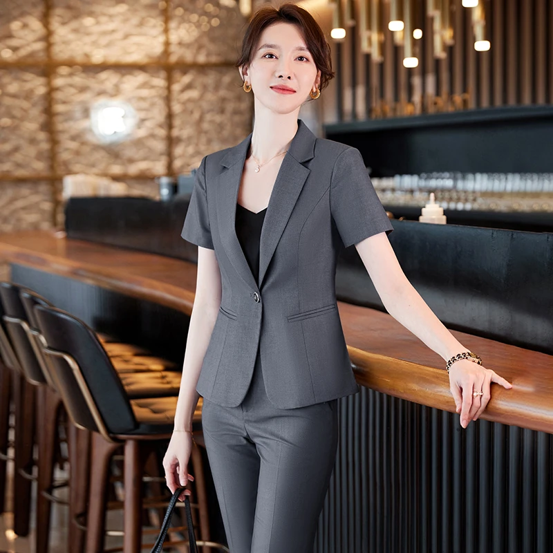 灰色职业装短袖西装套装女夏季薄款高端酒店前台经理正装工作服夏