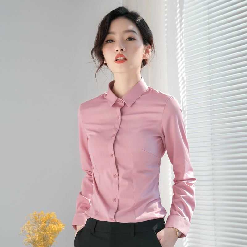 粉色衬衫女高级感秋时尚气质工作服正装弹性免烫抗皱长袖职业衬衣