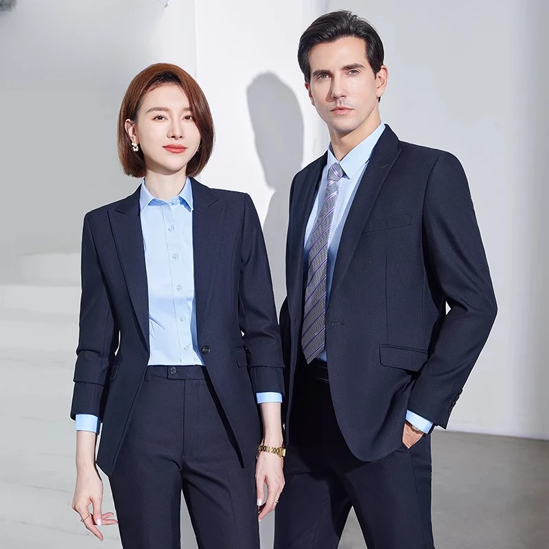 藏青色职业套装女秋冬季气质男女同款正装工作服酒店经理西装外套