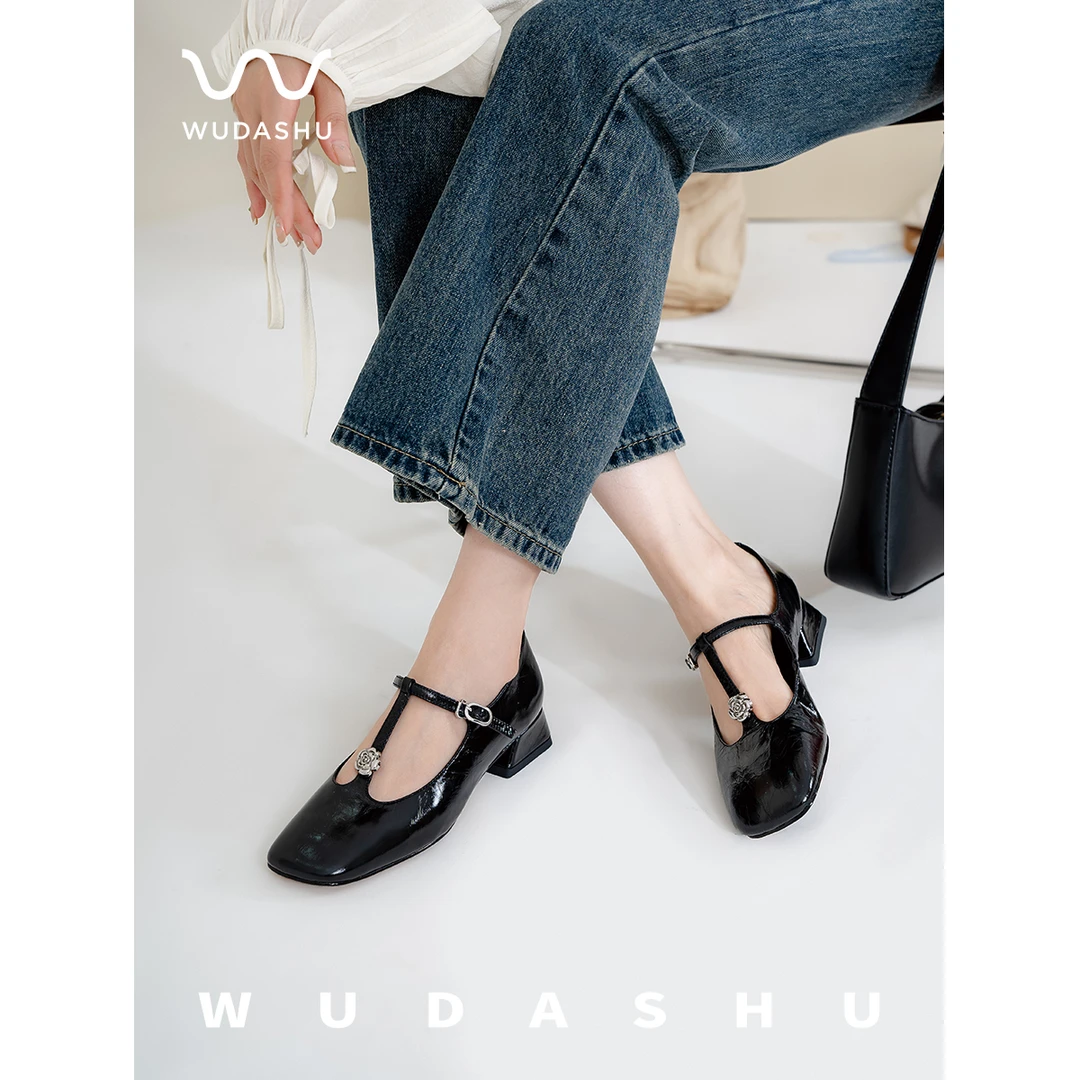 【清仓】吴大叔法式复古丁字带山茶花玛丽珍鞋女方头小皮鞋36-105