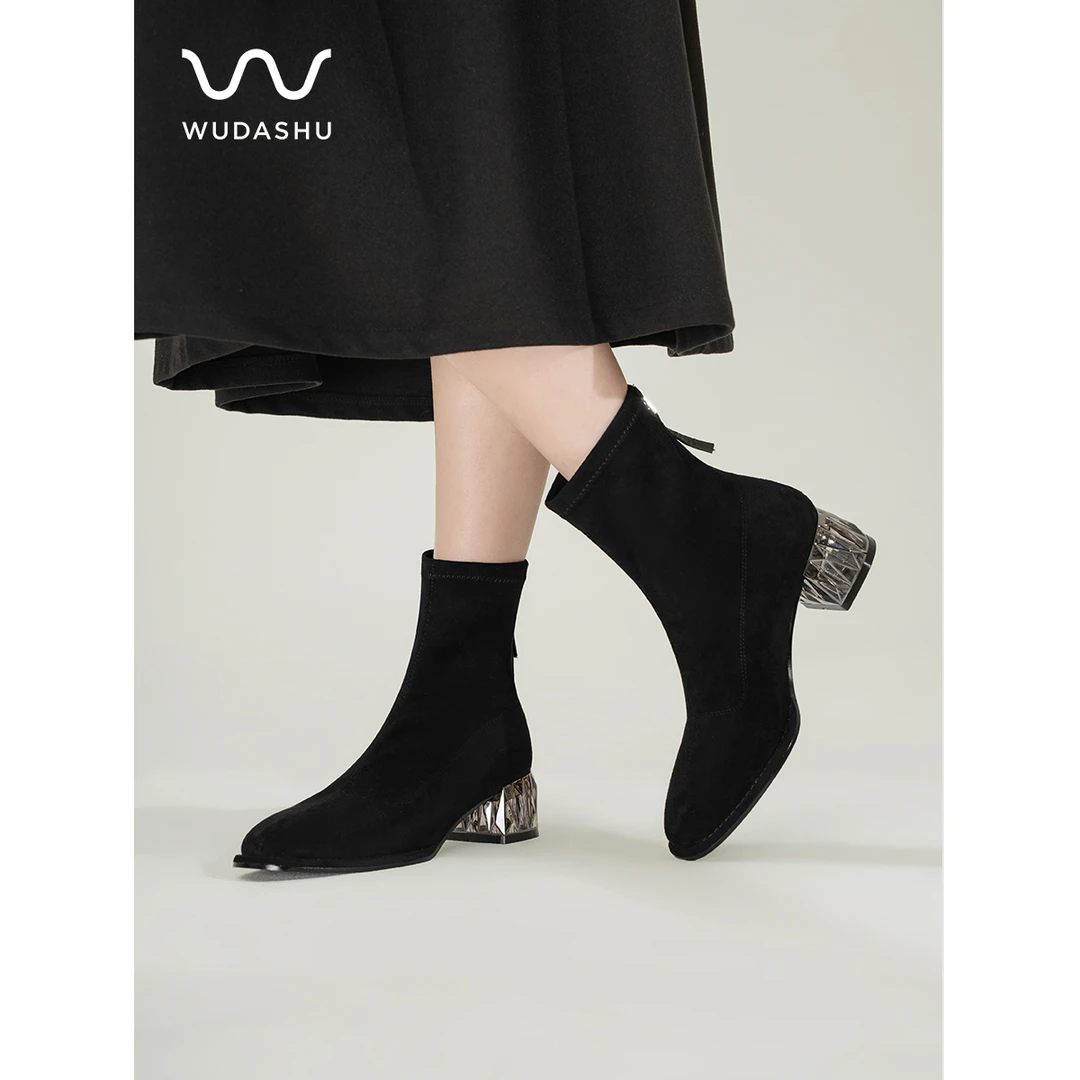 吴大叔2024秋冬新款圆头粗跟弹力靴女后拉链显瘦短筒瘦瘦靴27-560