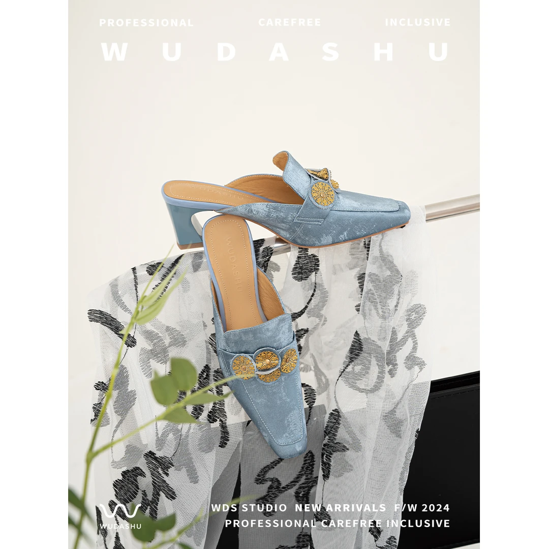 穿高跟鞋的吴大叔夏新款舒适一脚蹬高级质感贵气粗跟拖鞋10-556