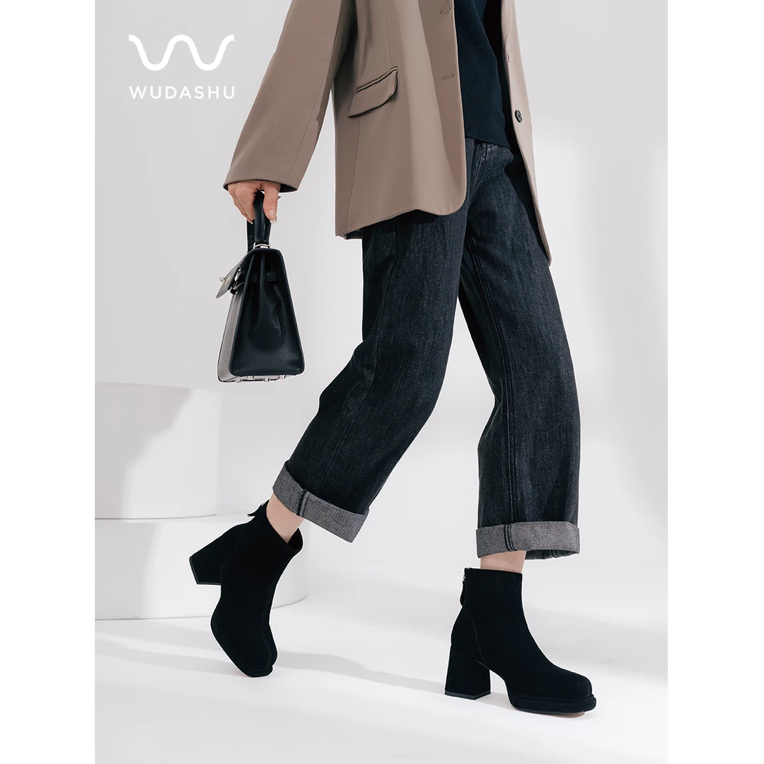 【清仓】真皮绒面方头粗跟短靴女小个字高跟防水台瘦瘦靴63-218