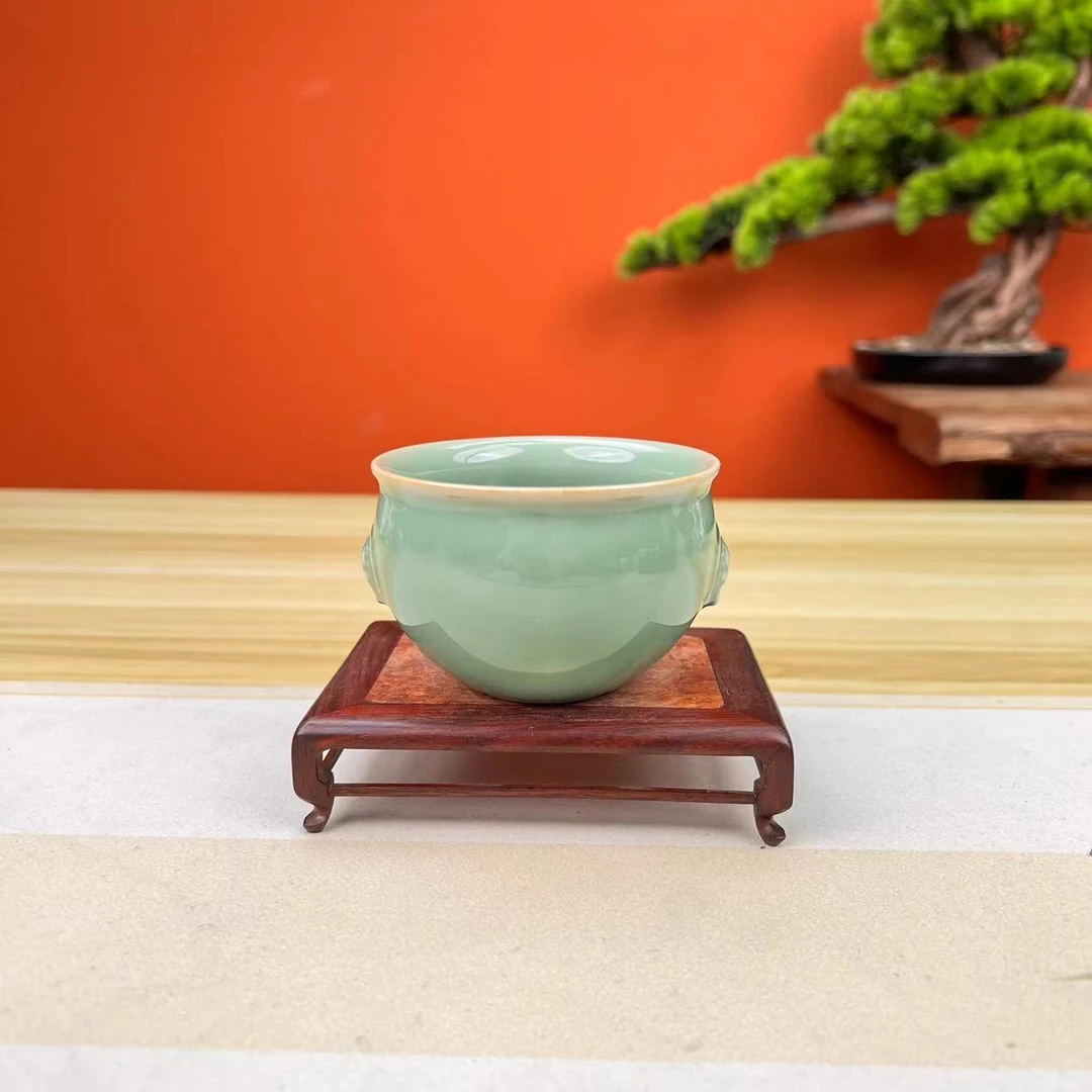 天青色中式复古影雕龙蛋杯手工陶瓷风水缸茶杯功夫茶具主人杯ZJ