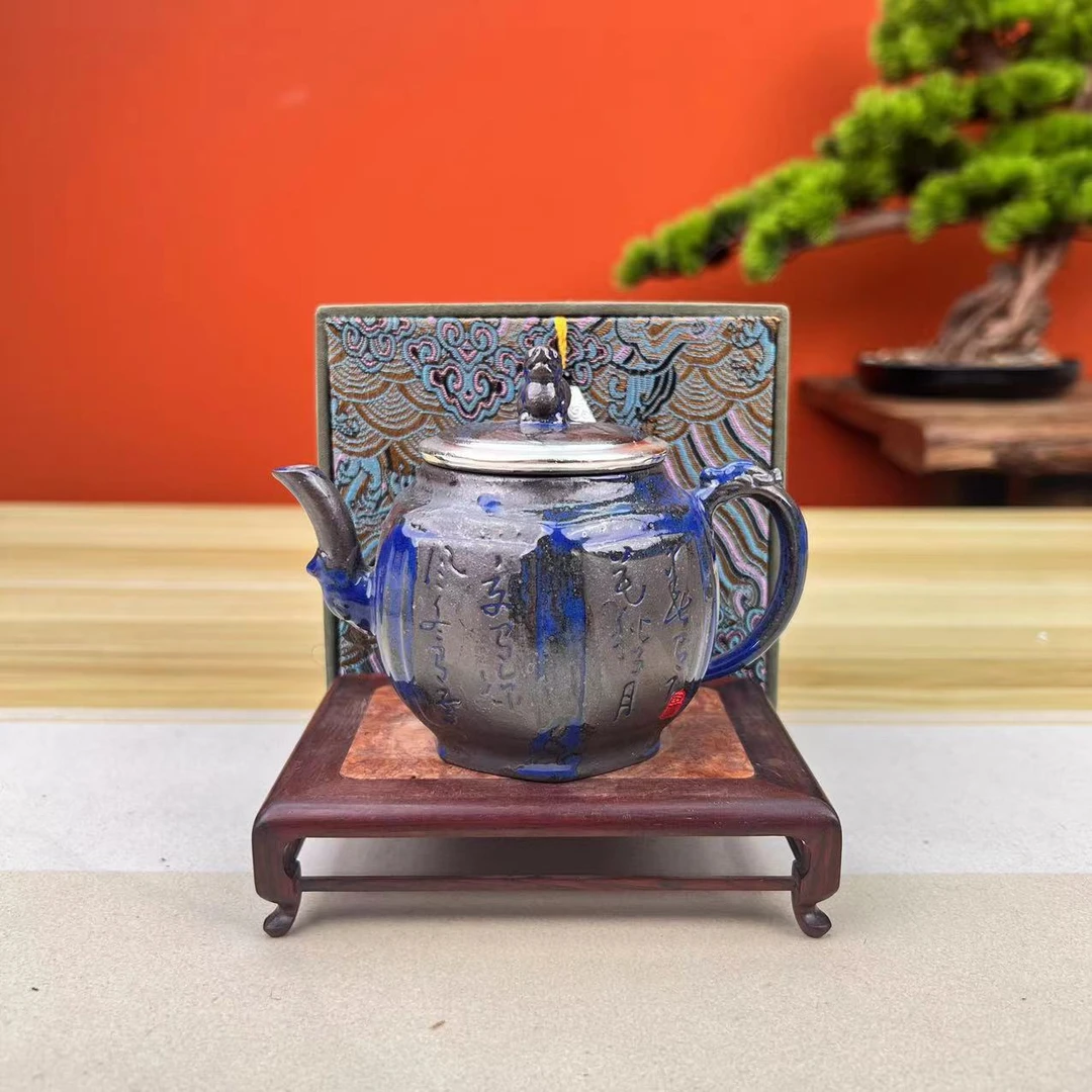 轻奢宝石蓝黑舍得999银蓝色中式六方茶壶家用泡茶壶JS