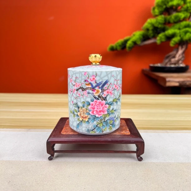 高档珐琅彩茶叶罐花开富贵喜上眉梢陶瓷密封罐带盖存储罐储物罐JS