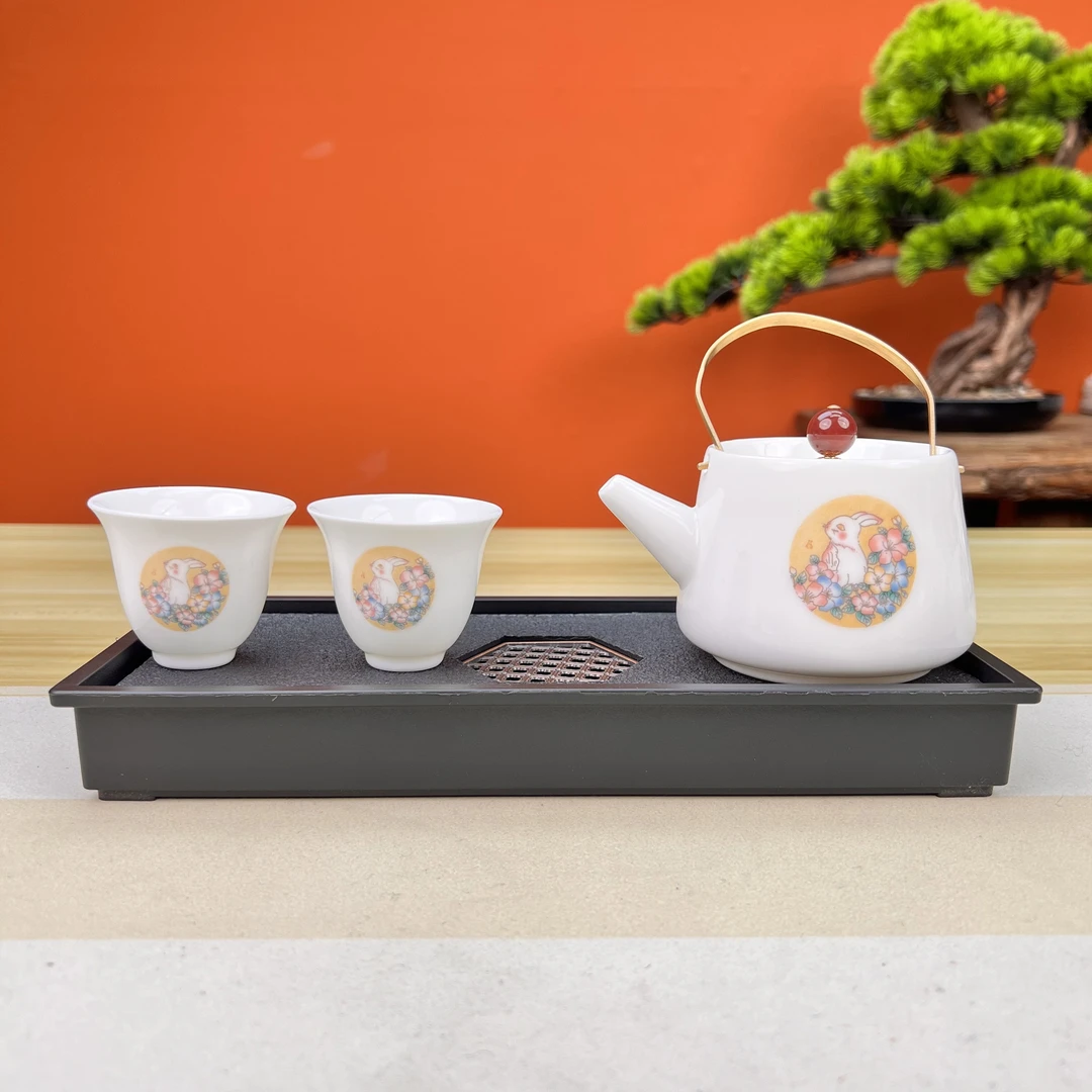 羊脂玉玉兔恋花便携高冰提梁壶高档手工中式送两杯＋干泡茶盘YH