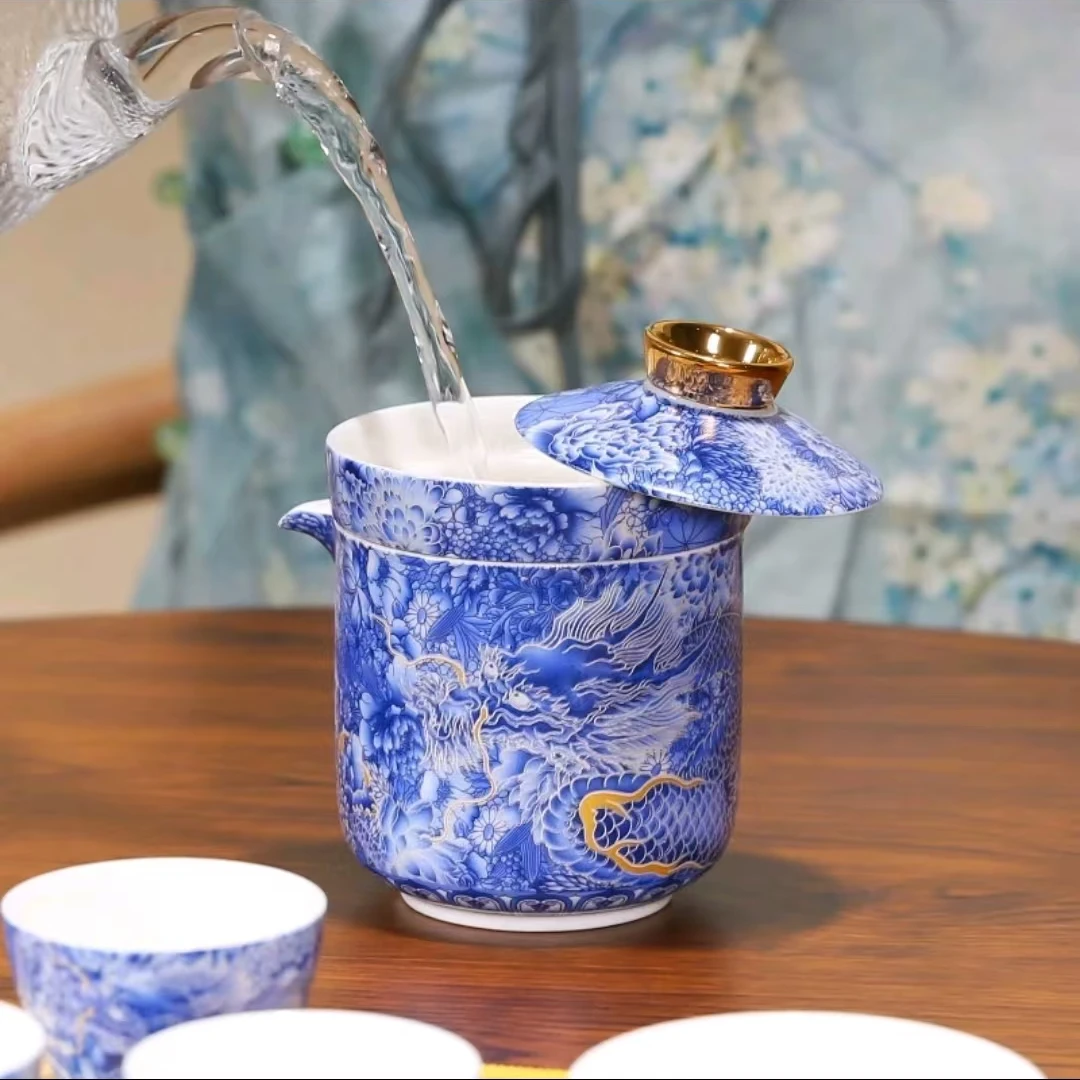 满花龙纹【蓝】1壶4杯-旅行套LC