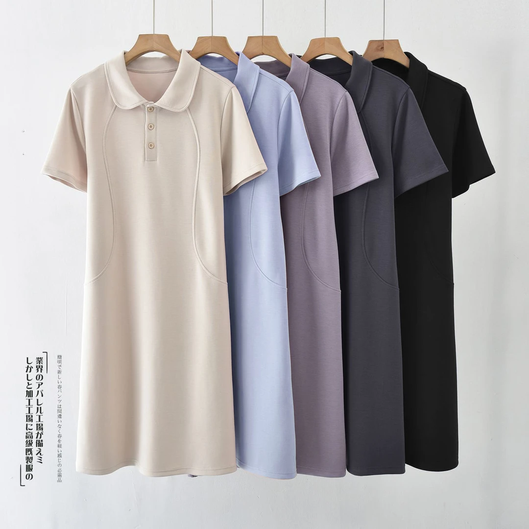 2024新款外穿连衣裙女夏季薄款短袖长裙polo领直筒透气简约中长裙