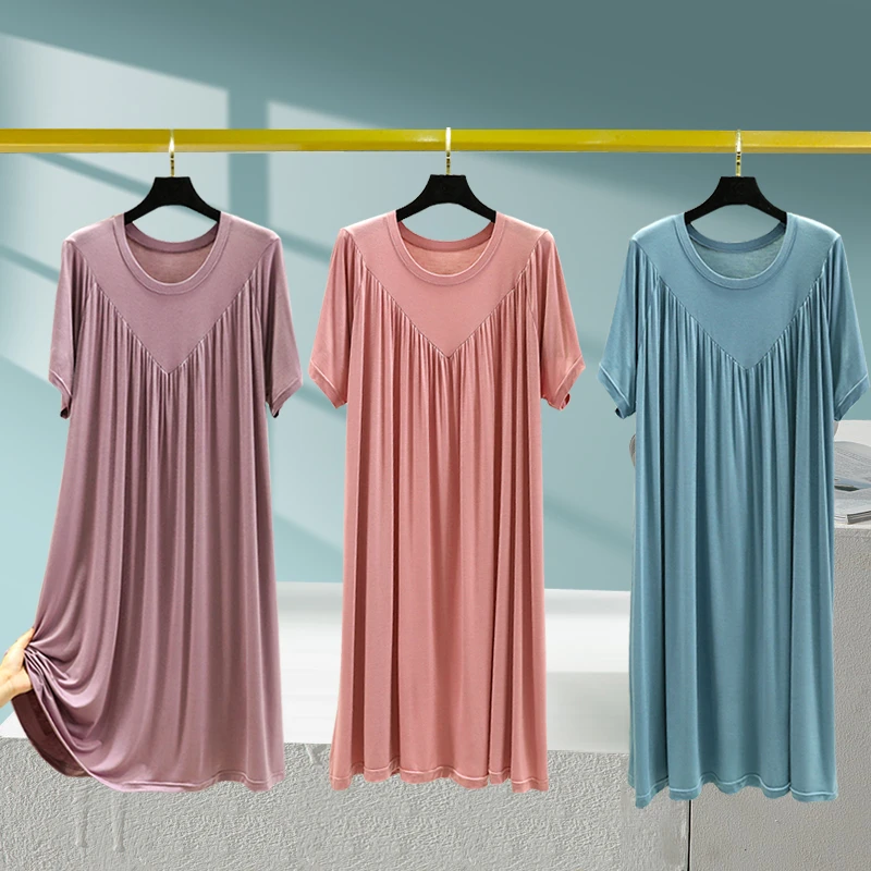 莫代尔短袖连衣裙女夏季薄款大码宽松圆领可外穿休闲显瘦家居睡裙