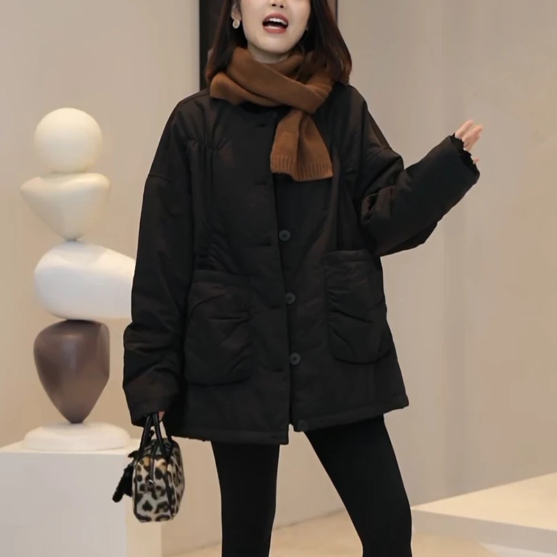 大码韩版时尚压褶设计感中长款保暖棉衣冬季新款遮肉百搭圆领外套