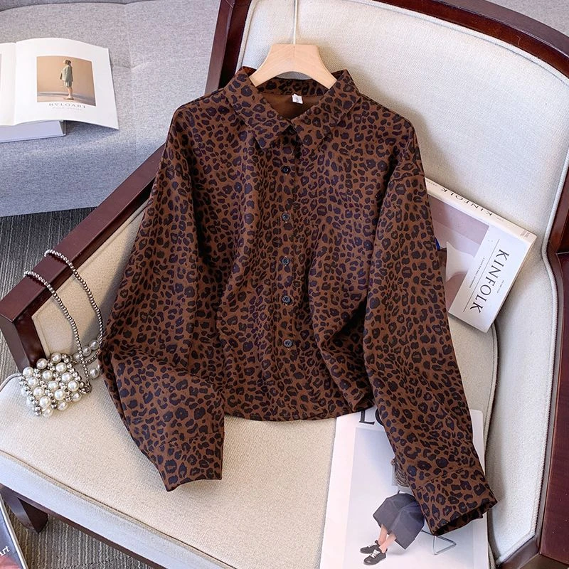 【896#】大码女装时尚潮流豹纹衬衫春秋气质减龄遮肉显瘦休闲上衣