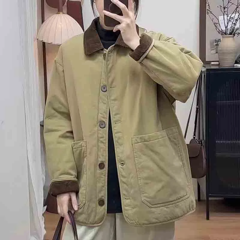 冬季新款简约休闲拼接加厚保暖棉服时尚气质宽松显瘦大口袋外套女