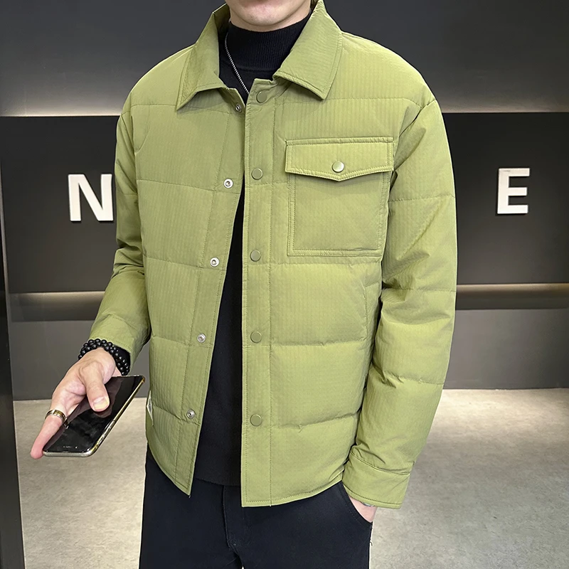 羽绒服男士冬季简约小贴布时尚百搭修身帅气翻领圆弧下摆轻薄外套