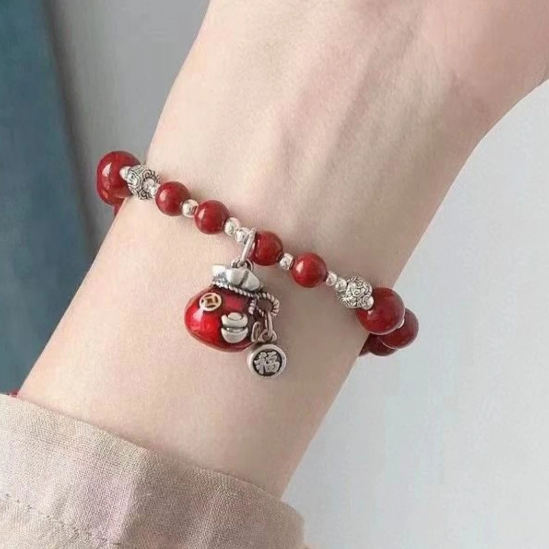 含辰砂工艺品鸿运阁 鸿运当头钱袋子女款朱砂手串