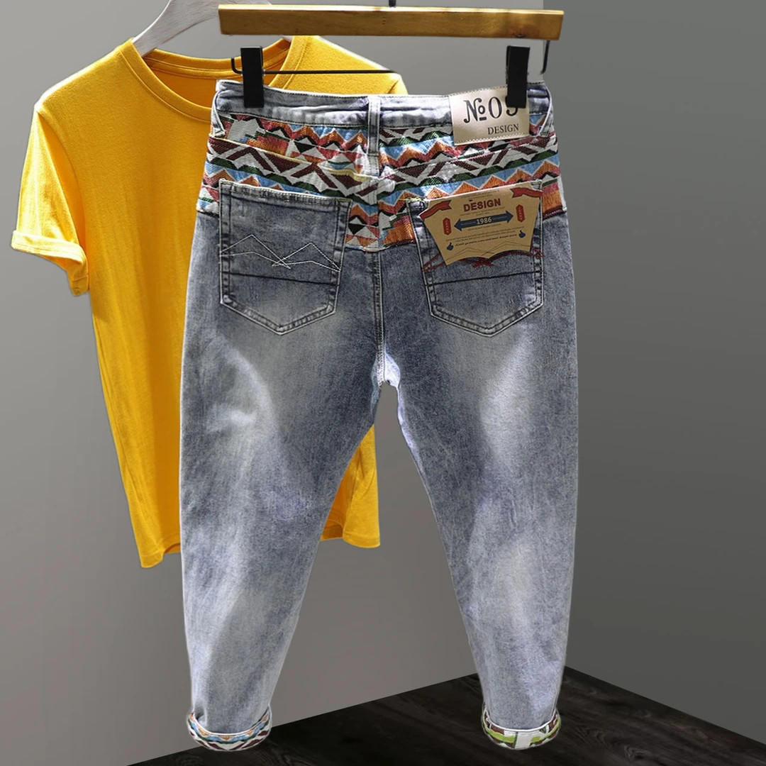 Jeep吉普 美式高端刺绣拼接9分牛仔裤男潮牌韩版修身小脚九分裤子