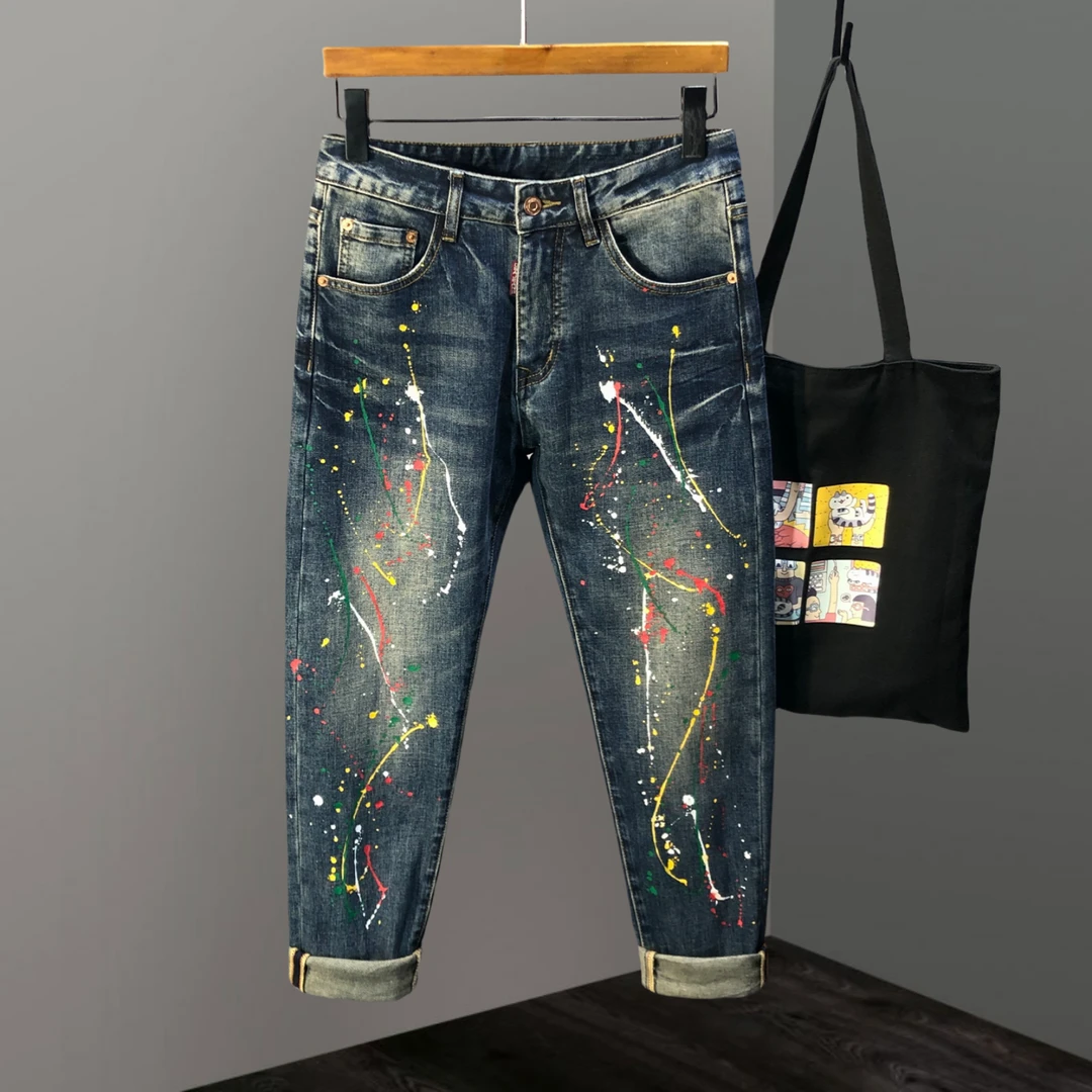 Jeep吉普潮蓝色牛仔裤男弹力修身小脚泼墨涂鸦男裤子个性休闲长裤