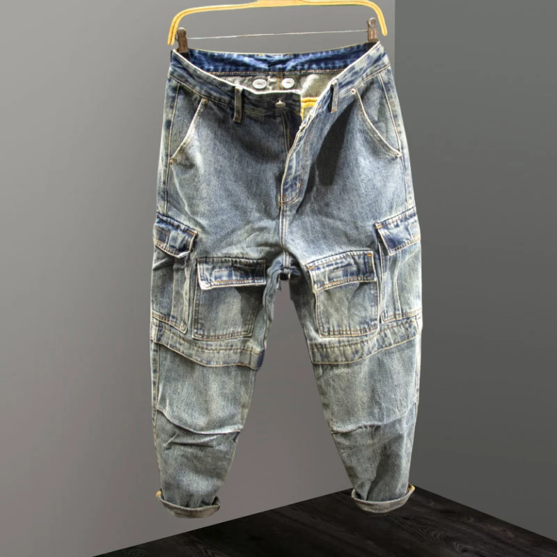 Jeep吉普高端多口袋工装牛仔裤男秋冬款宽松直筒大码胖子哈伦男裤