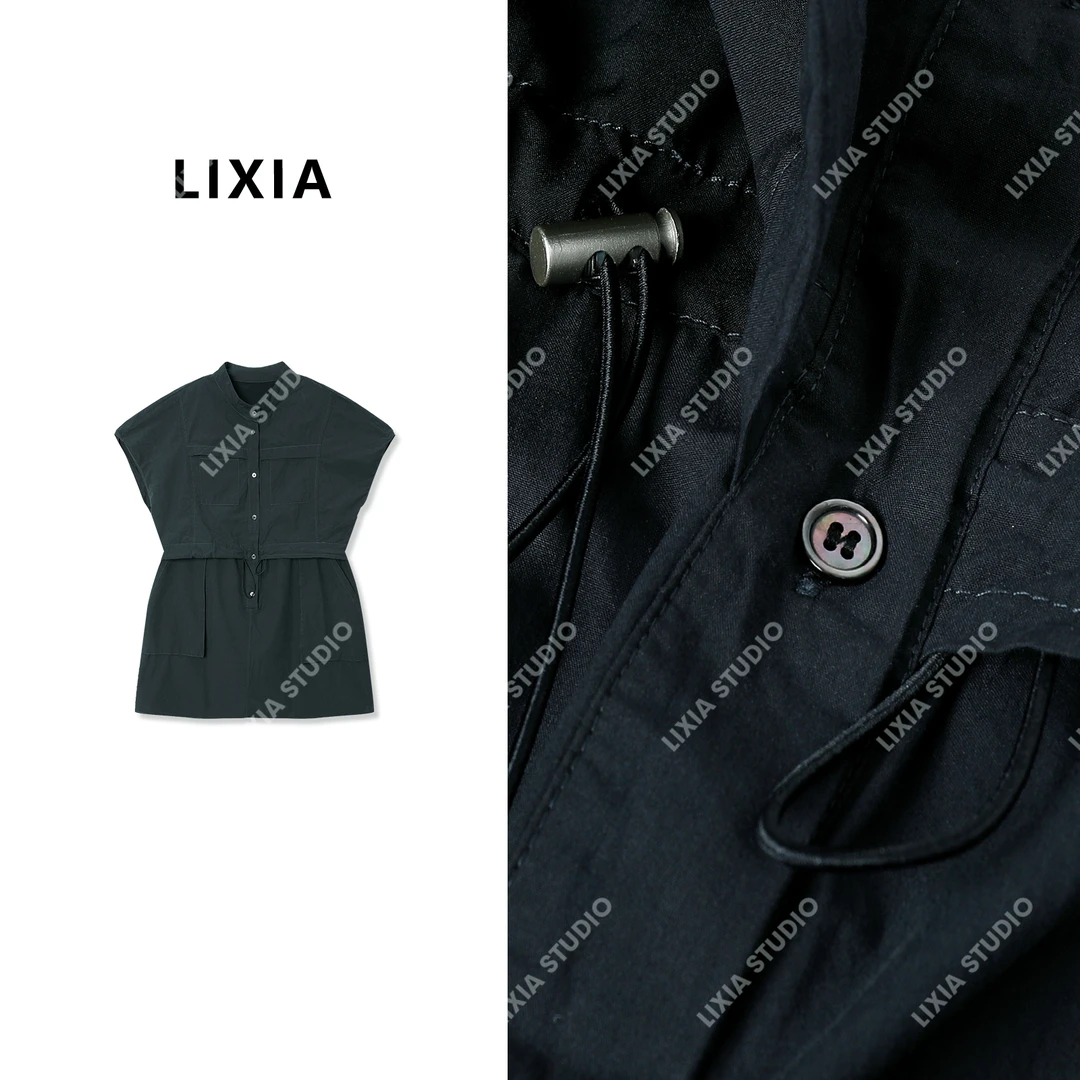 LIXIA【夏夜】欧韩设计腰抽绳短袖衬衫裙遮肉显瘦连衣裙-A6237