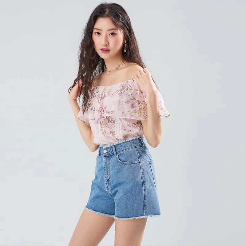 依恋旗下R系列正品撤柜RCYW92601C夏季时尚优雅印花一字肩衬衫女