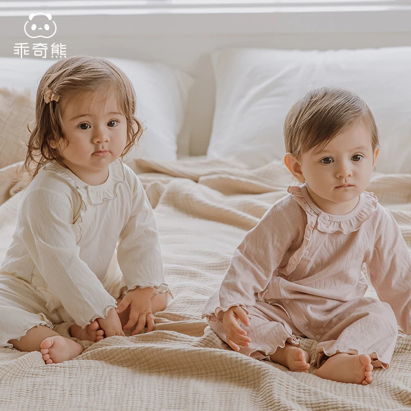 【女宝提花】纯棉连体衣春秋季女宝宝长袖无骨居家哈衣爬服打底秋装