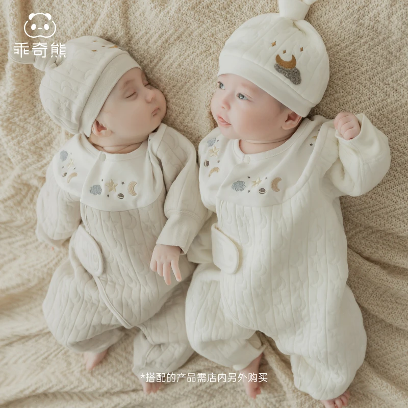 乖奇熊新生儿宝宝夹丝棉连体衣秋冬季保暖睡衣婴儿绑带哈衣和尚服