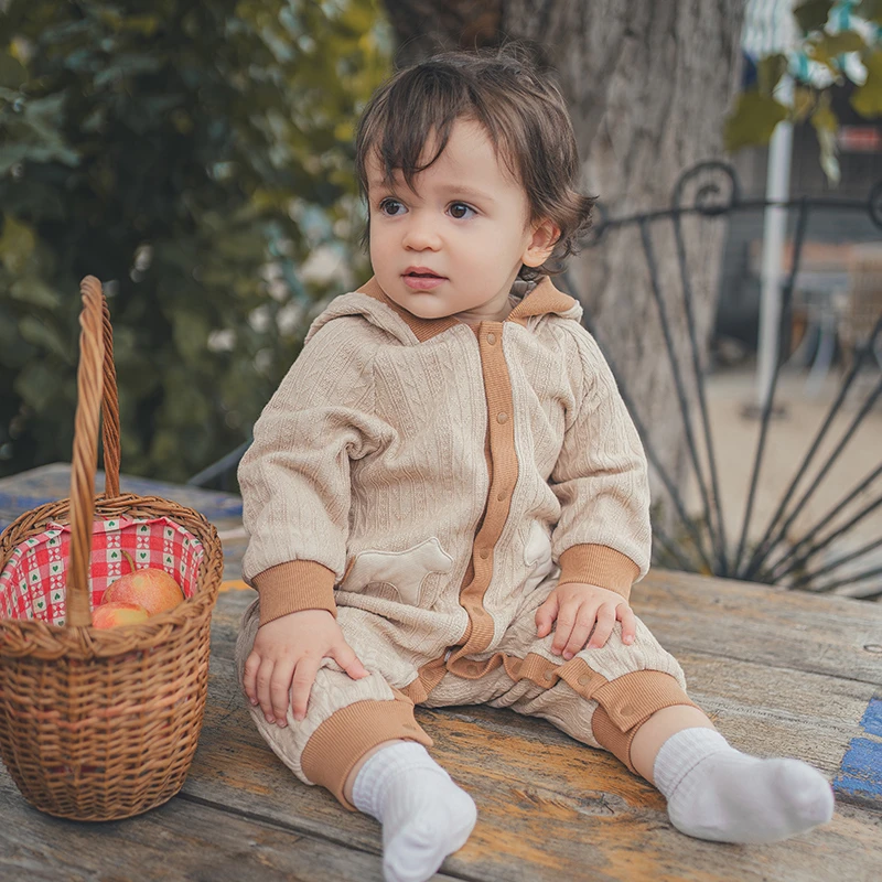 【麦穗棉】婴幼儿针织连体衣秋冬季保暖宝宝连帽哈衣爬服可爱毛衣