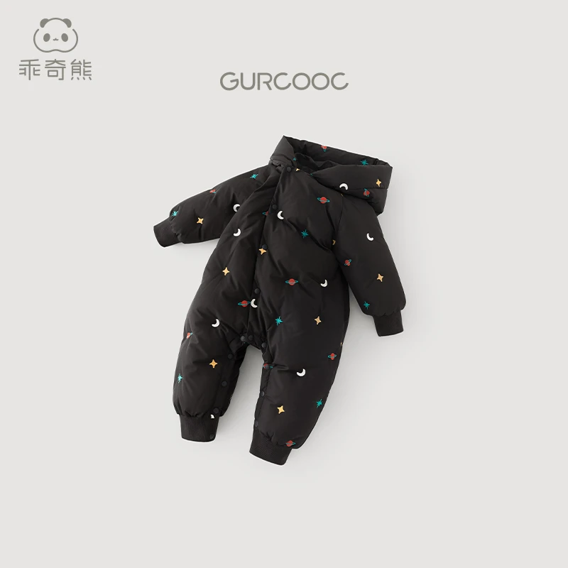 三防婴幼儿羽绒服连体衣冬季宝宝保暖鸭绒哈衣爬服连帽外出服黑色