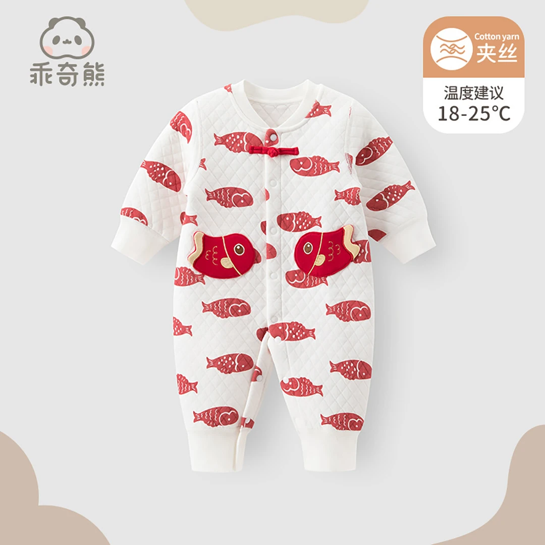 男女宝宝衣服秋冬季国风婴儿夹丝连体衣满月百天中式外出哈衣爬服