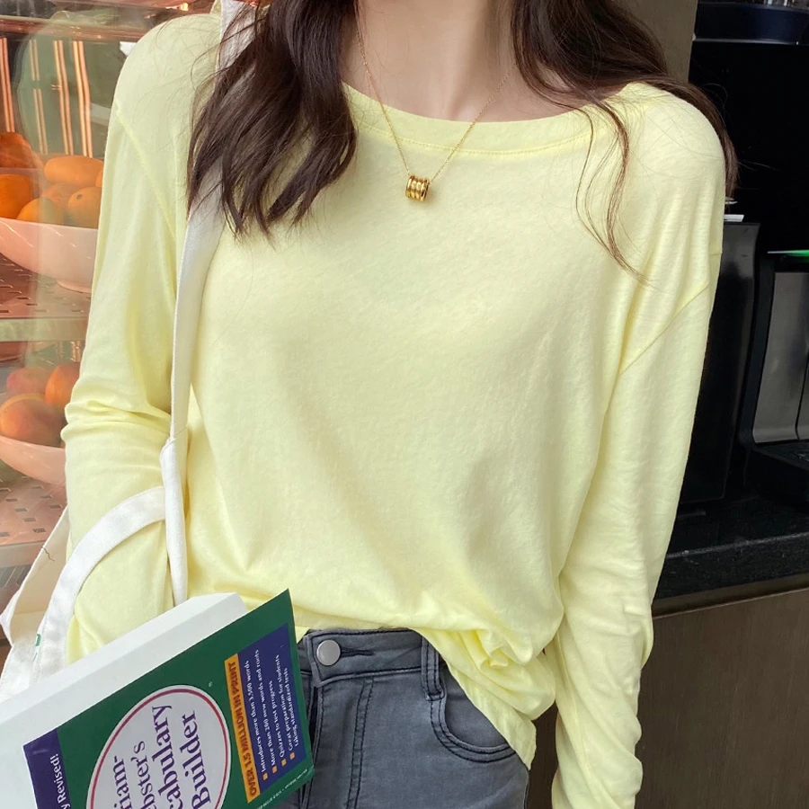 纯棉白色长袖t恤女西装内搭打底衫2024春秋新款宽松薄款罩衫上衣