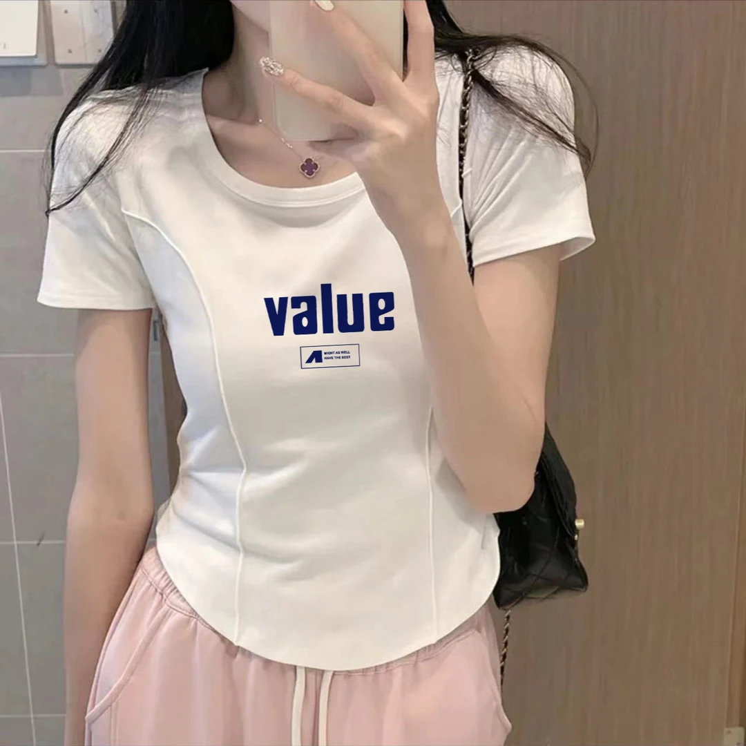 白色纯棉正肩短袖t恤女夏季设计感小众收腰鱼骨洋气别致短款上衣