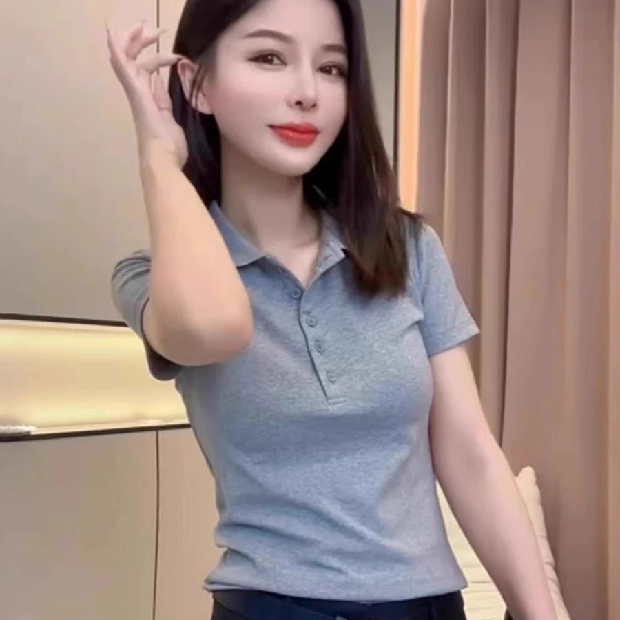 纯棉正肩修身收腰polo领短袖t恤女小衫夏季基础爆款纽扣百搭上衣