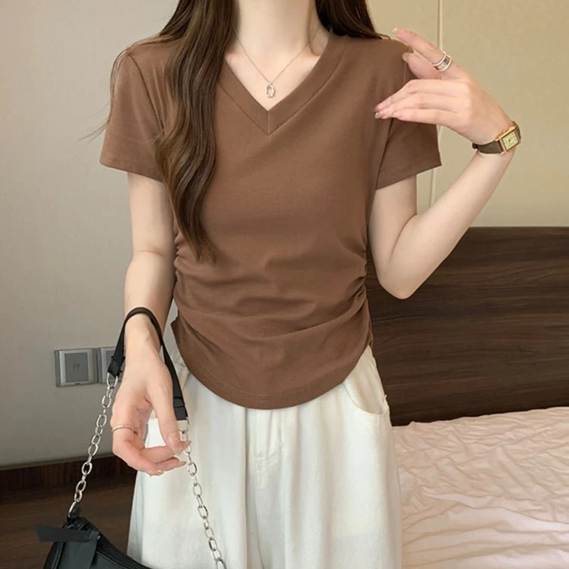 纯棉正肩短袖T恤女夏装新款ins洋气设计感修身纯色v领上衣打底衫
