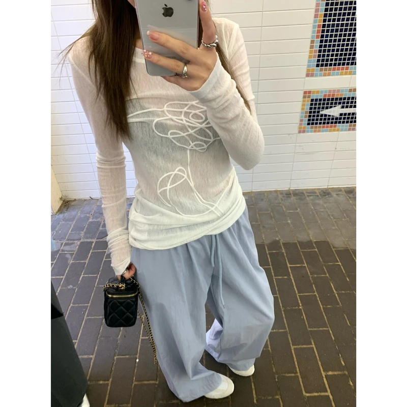 立体发泡印花微透长袖T恤女夏薄款百搭透气修身防晒上衣白色内搭