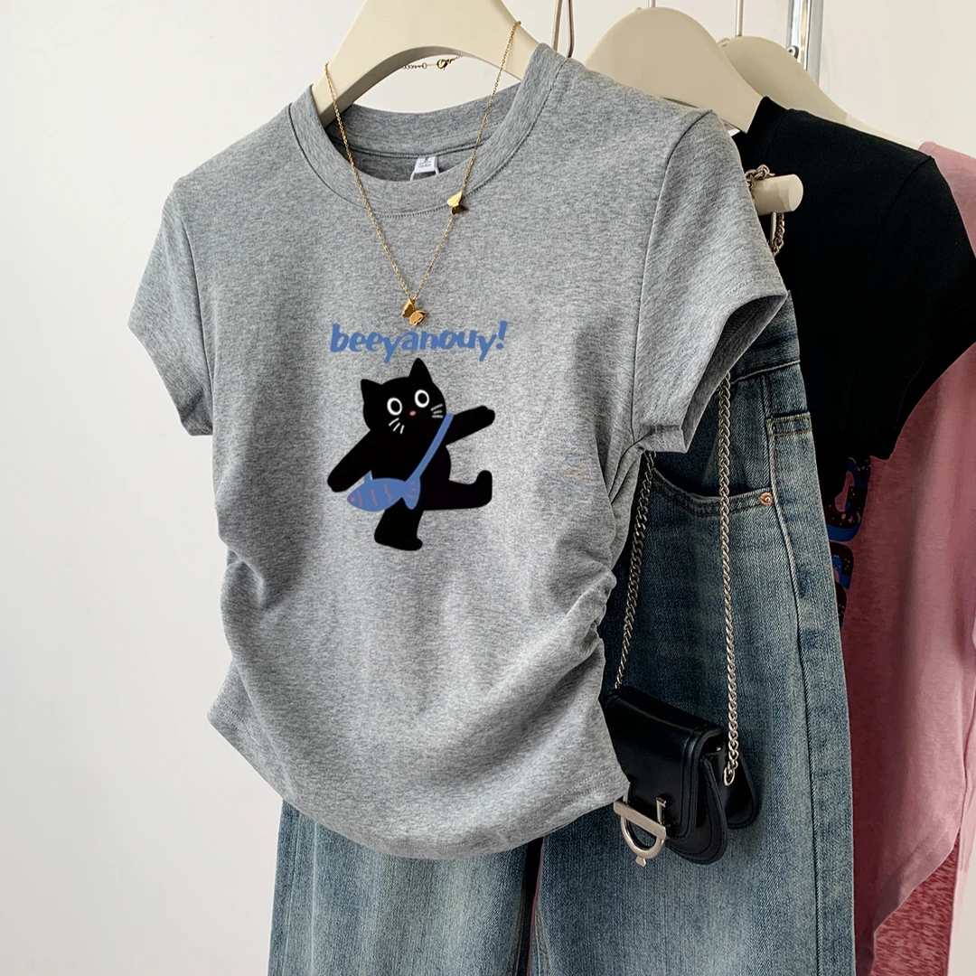 纯棉灰色短款正肩短袖t恤夏季2024新款小个子设计感别致显瘦上衣