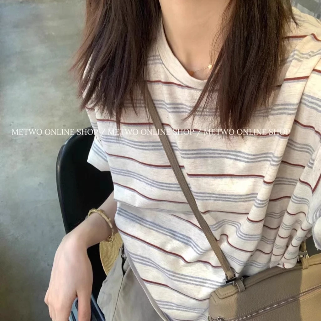 美式复古条纹宽松百搭短袖t恤女夏季爆款小个子慵懒薄款半袖上衣