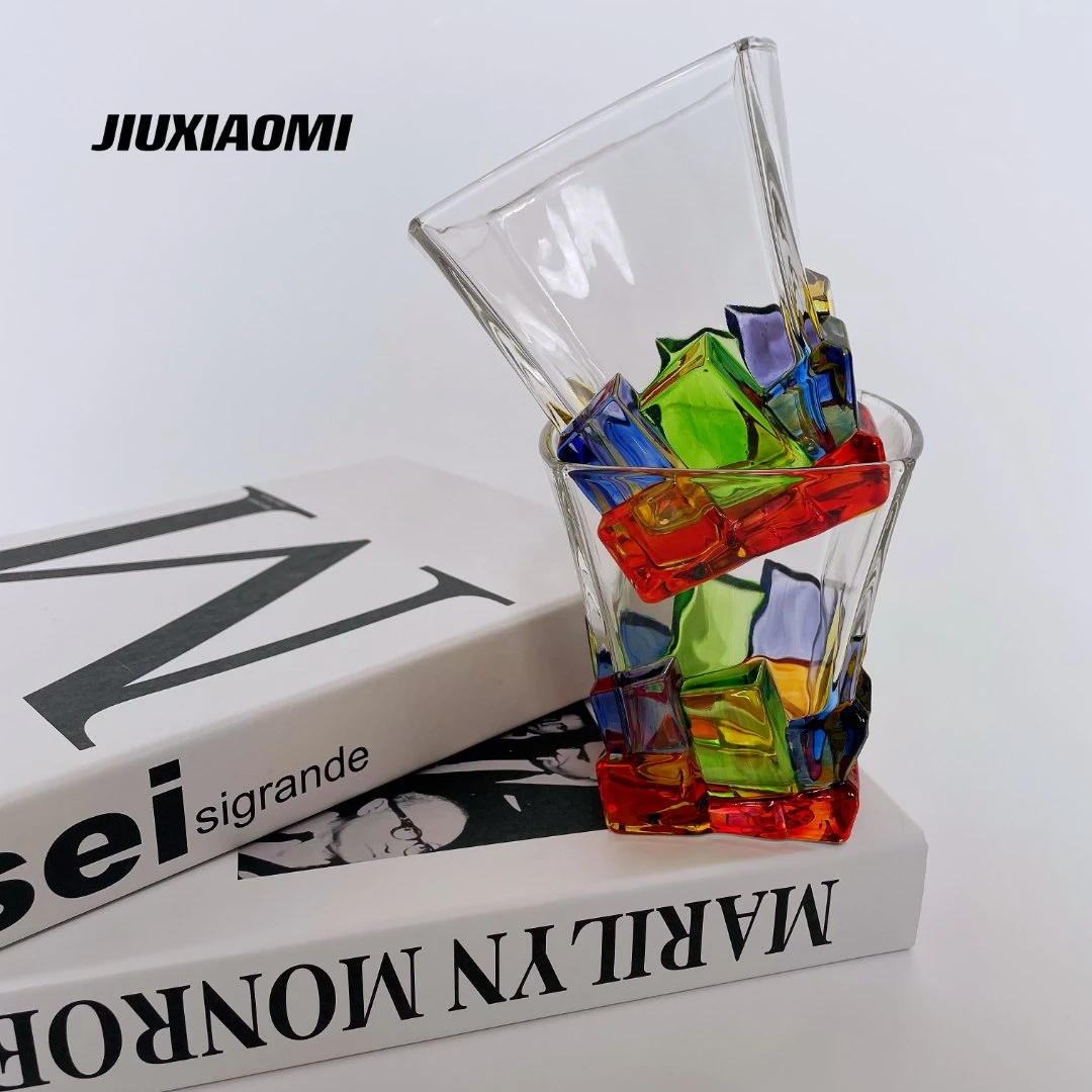 【九小米】杯子2只意大利设计师手绘方块杯果汁杯手绘彩色冰山杯